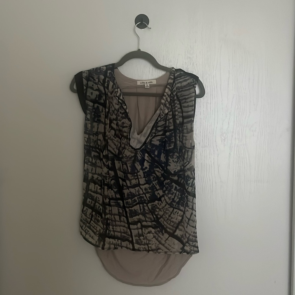 flowy summer tshirt top with intricate designs and beautiful blues and browns